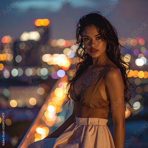 A woman in a brown top and white skirt posing on a rooftop