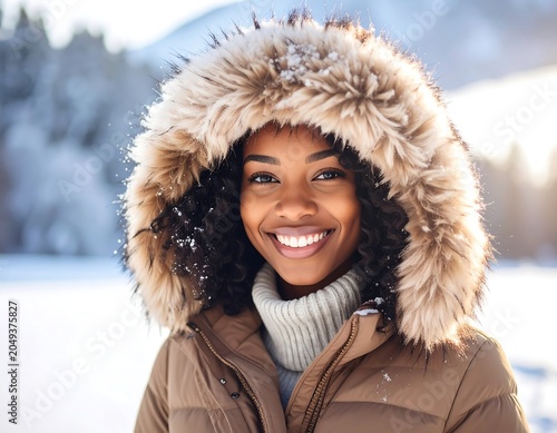 A woman in a brown winter coat with a fur-lined hood smiles in a snowy landscape