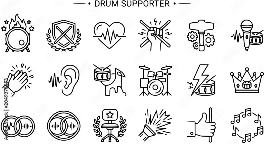 Fototapeta premium Music Drumming Related Line Art Icons Set - Drum Supporter Outline Vector Collection
