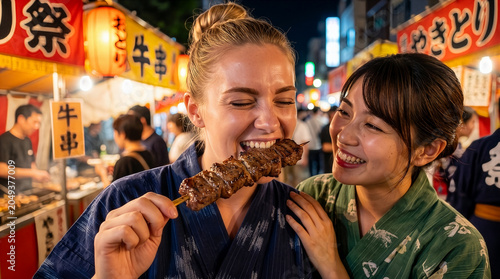 祭りの夜、浴衣姿の二人の女性が日本の屋台料理を楽しむ笑顔の瞬間