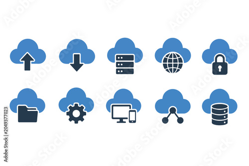 Cloud computing technology icon set vector isolated on white background. A comprehensive collection of 10 modern cloud computing icons in flat design style.