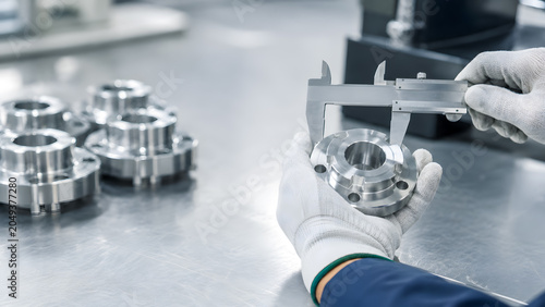 Precision Metal Part Measurement with Caliper in Factory