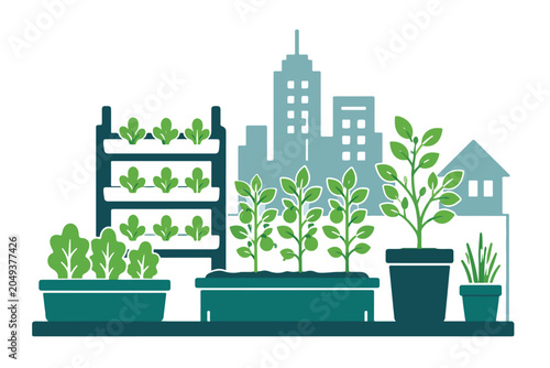 Urban farming concept vector illustration with rooftop garden, vertical agriculture, potted plants, and city buildings silhouette. A clean, flat vector illustration showcasing an urban farming and roo