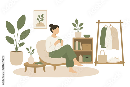 Cozy minimalist woman relaxing at home with tea illustration. Flat vector illustration of a young woman sitting in a comfortable armchair, relaxing and holding a cup of tea in a cozy, minimalist room.