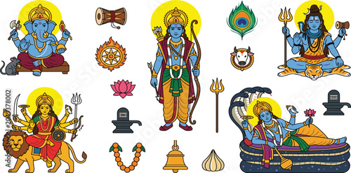 Bild auf Leinwand Hindu gods and goddesses vector flat icon set with Ganesha Shiva Vishnu Rama Dur