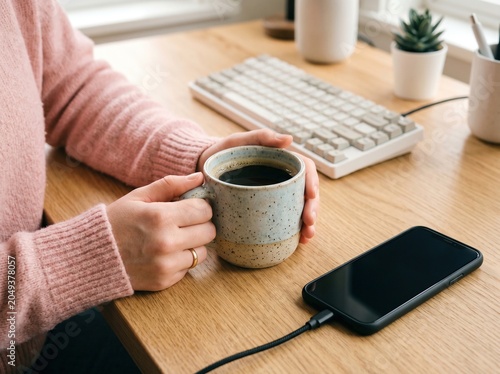 Cozy Work from Home Setup with Person Holding Coffee Mug and Charging Smartphone