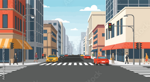 Foto A vibrant city street scene with buildings, cars, and pedestrians