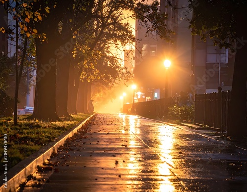 A wet sidewalk with streetlights reflecting off the surface