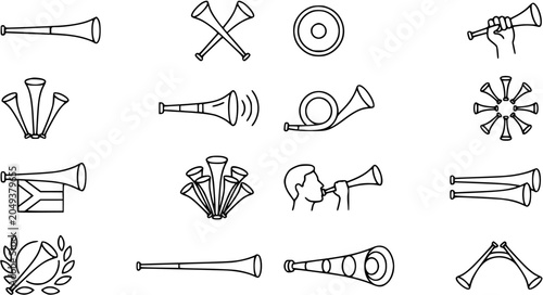 Fotografie Black and White Line Art Icons of Musical Brass Wind Instruments, Horns and Trum