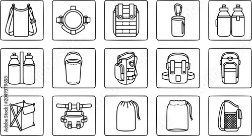 Tableau sur toile Black and White Line Art Icons of Outdoor Gear and Bags for Travel and Adventure