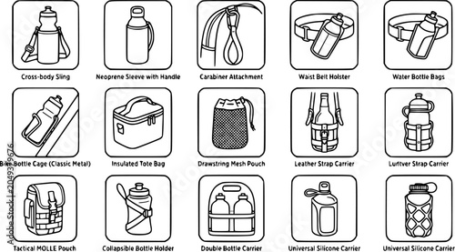 Bild auf Leinwand Diverse water bottle carriers and accessories, line art icons set