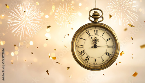 Antique pocket watch hanging, showing midnight with fireworks and falling confetti, celebration concept