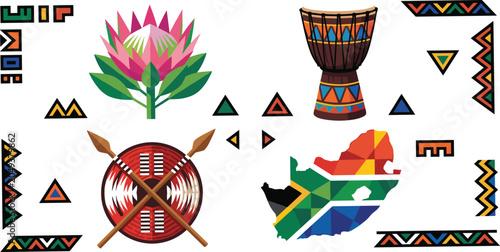 Foto South African cultural heritage vector elements set with map protea flower djemb