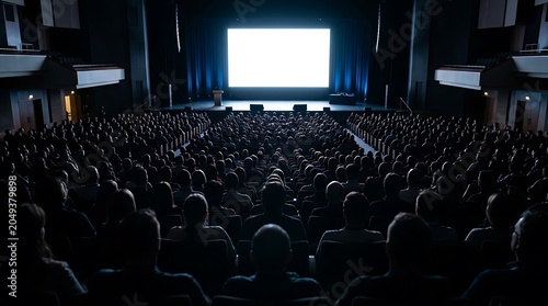 Silhouette of Audience Watching Blank Presentation Screen in Auditorium