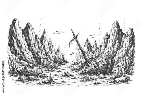 Φωτογραφία Detailed vintage engraving style vector illustration of shipwreck remains betwee