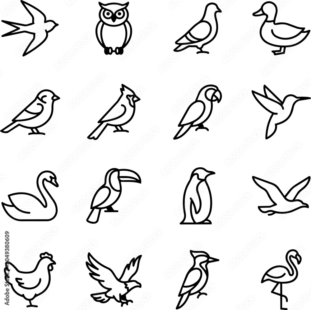 Fototapeta premium Set of Bird Icons, Minimalist Line Art Collection of Different Bird Species