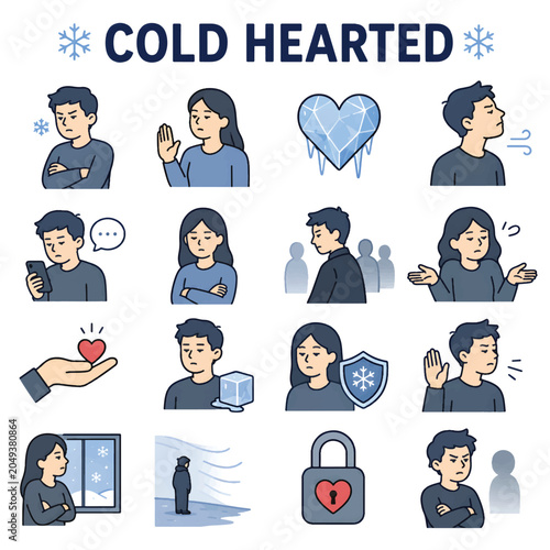 Tableau sur toile Cold Hearted Icon Set, Emotionless and Unfeeling Behavior Outline Vector Collect