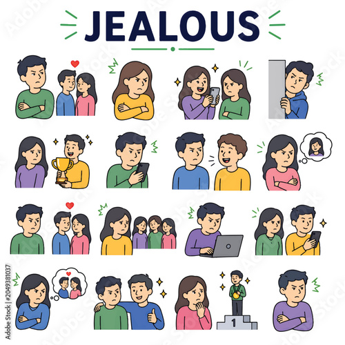 Φωτογραφία Jealous Icon Set, Envy Emotion and Relationship Feeling Outline Vector Collectio
