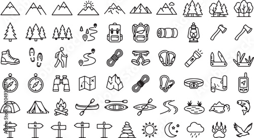 63 Camping and Hiking Line Icons Set | Outdoor Adventure Vector Symbols