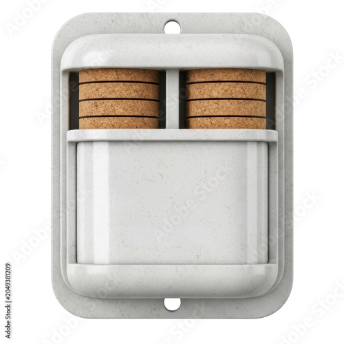 Wall mounted organizer holding cork coasters on a transparent backdrop