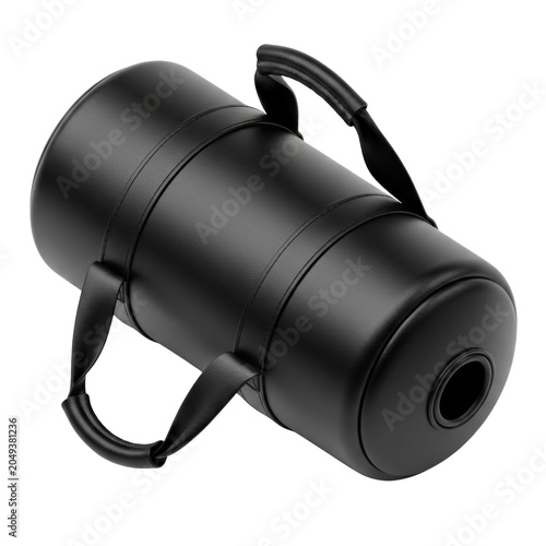 Modern black leather cylindrical sports duffel bag on a transparent backdrop