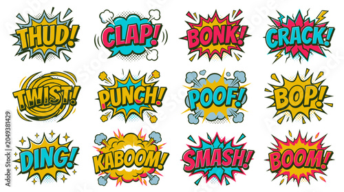 Comic book sound effects stickers with thud and kaboom text.