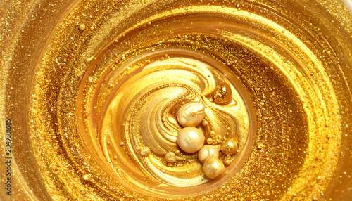 Abstract gold swirling liquid with glitter particles and small spheres, a rich metallic texture