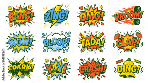Comic sound effect stickers with bang zing and omg.