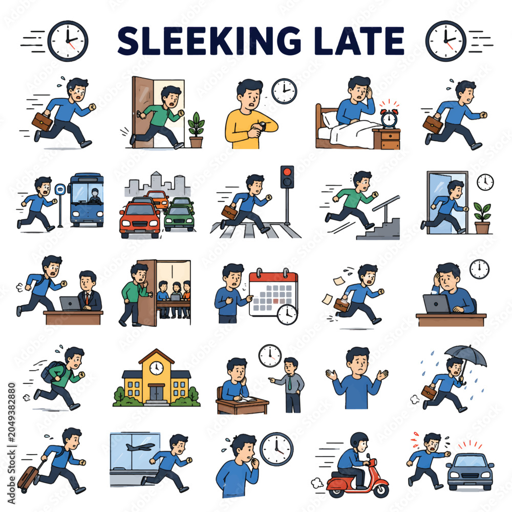 Fototapeta premium Sleeping Late Icon Set, Bedtime and Sleep Schedule Outline Vector Collection