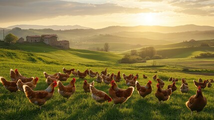 Chickens in field at sunset, rural landscape, farm scene, for stock photography