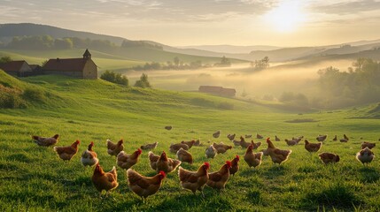 Chickens grazing in a meadow at sunrise, church in background.  Possible use Nature, farming, rural lifestyle stock photo