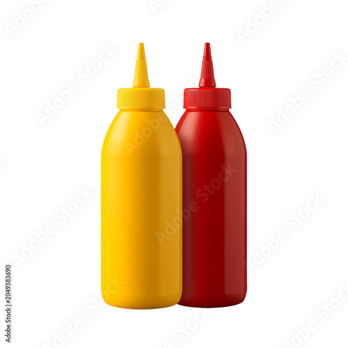 Plastic bottles of ketchup and mustard condiments on transparent background