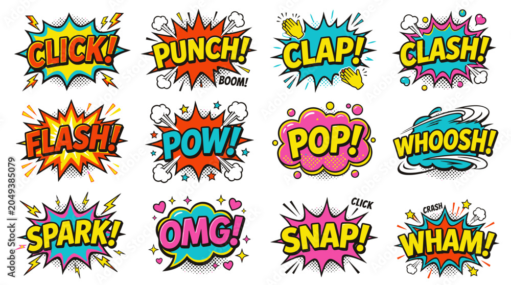 Naklejka premium Comic book sound effects pack with click punch clap words.