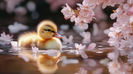 Baby duckling in cherry blossom pond. Possible use Stock photo