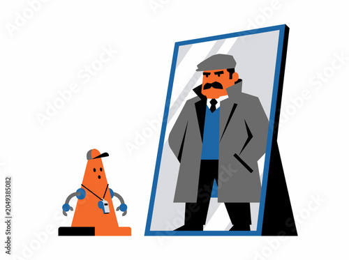Obraz na płótnie Traffic cone dreams of becoming a detective, reflected in mirror