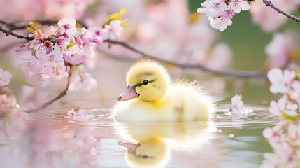 Cute duckling swimming in a pond with cherry blossoms. Beautiful spring scene. Perfect for a greeting card or poster