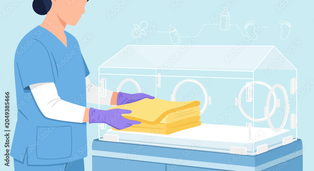 Obraz premium Nurse preparing incubator for newborn baby in neonatal intensive care unit