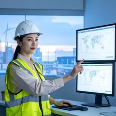 A woman in a hardhat and safety vest examines maps on two computer monitors