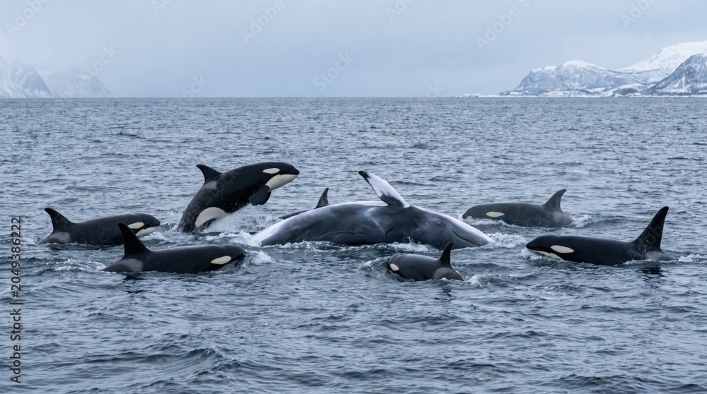 Fototapeta premium Orcas hunting a whale in the Norwegian Sea