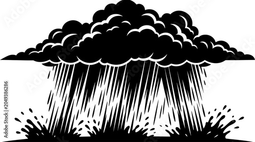 Fotografie Heavy Rainfall Cloudburst Over Dark Silhouette Landscape in Stormy Weather
