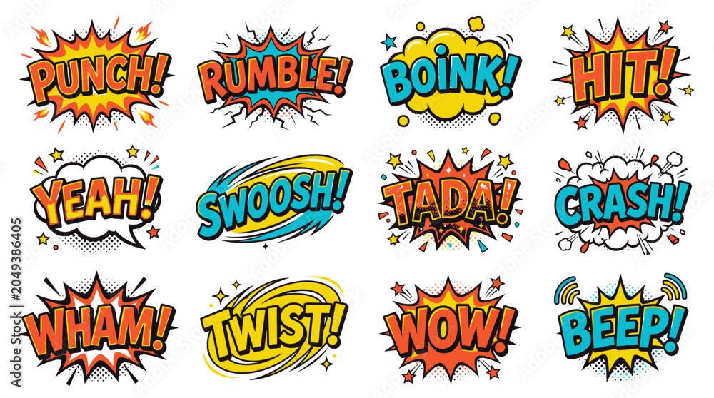 Naklejka premium Dynamic retro comic book action sound bubbles set.