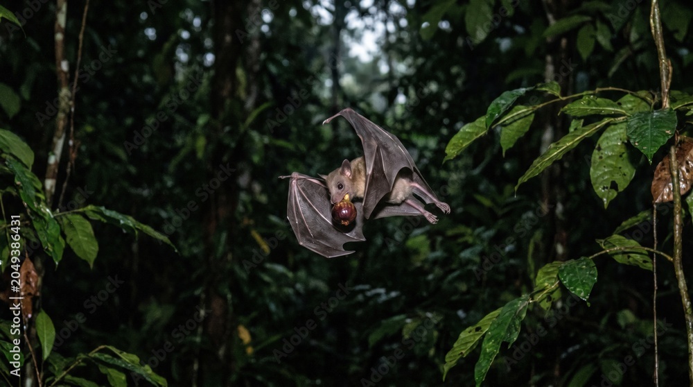 Fototapeta premium Bat in flight with fruit in its mouth in a dark forest