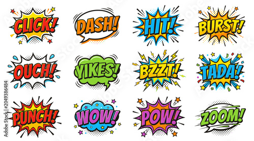 Diverse comic dash yikes burst sound effect sticker set.