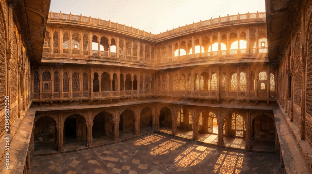Obraz premium Golden Hour Sunlight Streams Through Ornate Jaisalmer Fort Courtyard