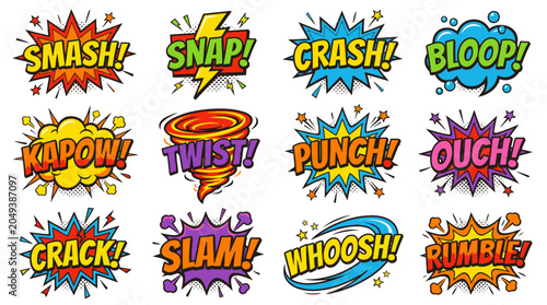 Dramatic comic sound effects set with smash and crash bubbles.