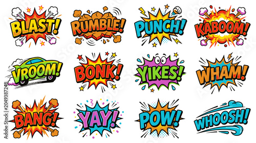 Dynamic set of multi-colored comic sound effect bursts.