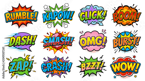 Dynamic action comic speech bubbles with boom and crash.