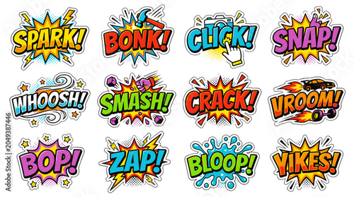 Dynamic cartoon sound effects and onomatopoeia stickers collection.