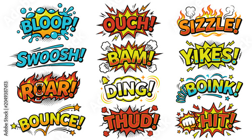 Dynamic colorful comic book onomatopoeia bubble set collection.