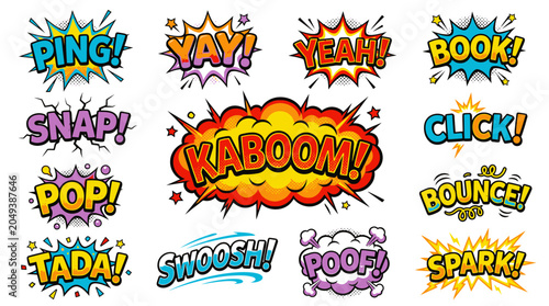 Energetic comic book kaboom and action sound effect set.
